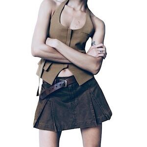 Zara Women's Pleated High Waist Faux Leather Waxed Mini Skort Grey/Black - Small